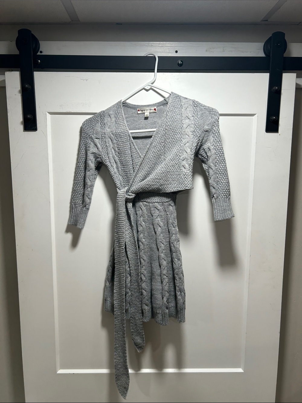Girls' Light Gray Cable-Knit Wrap Dress with Tie Waist